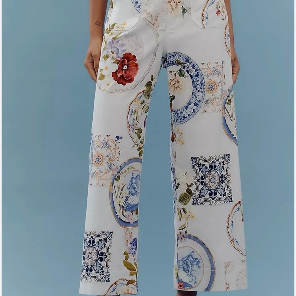 Anthropologie Maeve Colette Floral Porcelain Print Wide-Leg Pants